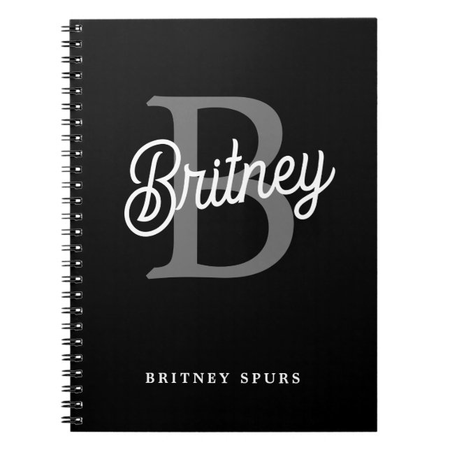 Modern Elegant Monogram Name  Black Gray Script  Notebook (Front)