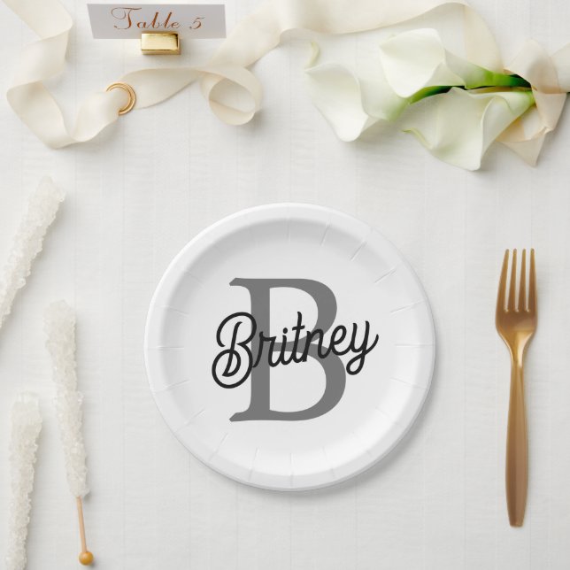 Modern Elegant Monogram Name  Black Gray Script  Paper Plates (Wedding)