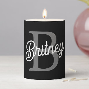 Modern Elegant Monogram Name  Black Gray Script  Pillar Candle