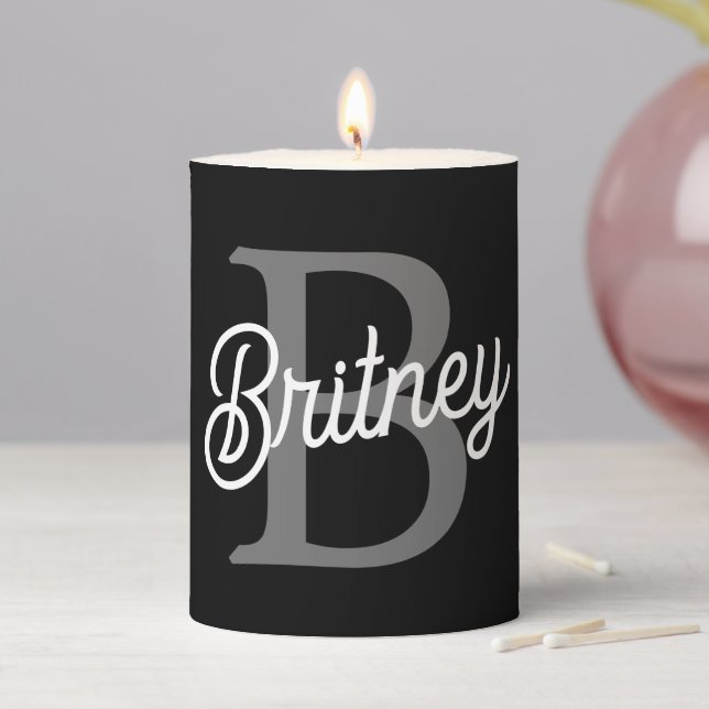 Modern Elegant Monogram Name  Black Gray Script  Pillar Candle (In Situ)