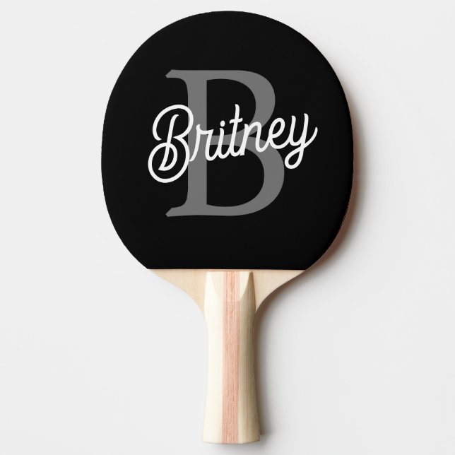 Modern Elegant Monogram Name  Black Gray Script  Ping Pong Paddle (Front)