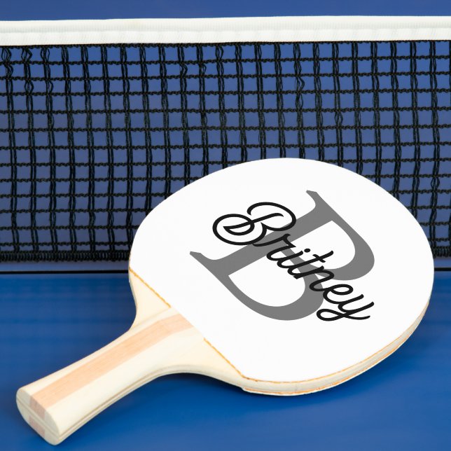 Modern Elegant Monogram Name  Black Gray Script  Ping Pong Paddle (Insitu)