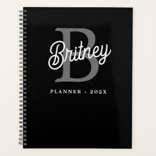 Modern Elegant Monogram Name Black Gray Script Planner