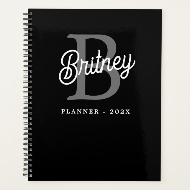 Modern Elegant Monogram Name  Black Gray Script  Planner (Front)