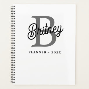 Modern Elegant Monogram Name Black Gray Script Planner