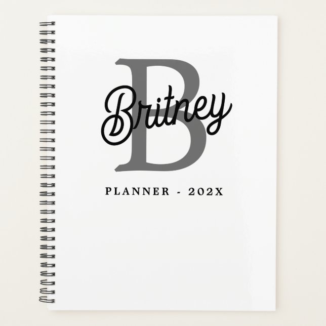 Modern Elegant Monogram Name  Black Gray Script  Planner (Front)