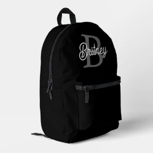 Modern Elegant Monogram Name  Black Gray Script  Printed Backpack