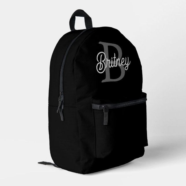 Modern Elegant Monogram Name  Black Gray Script  Printed Backpack (Back Corner Left)