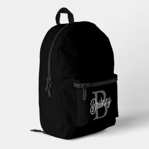 Modern Elegant Monogram Name Black Gray Script Printed Backpack