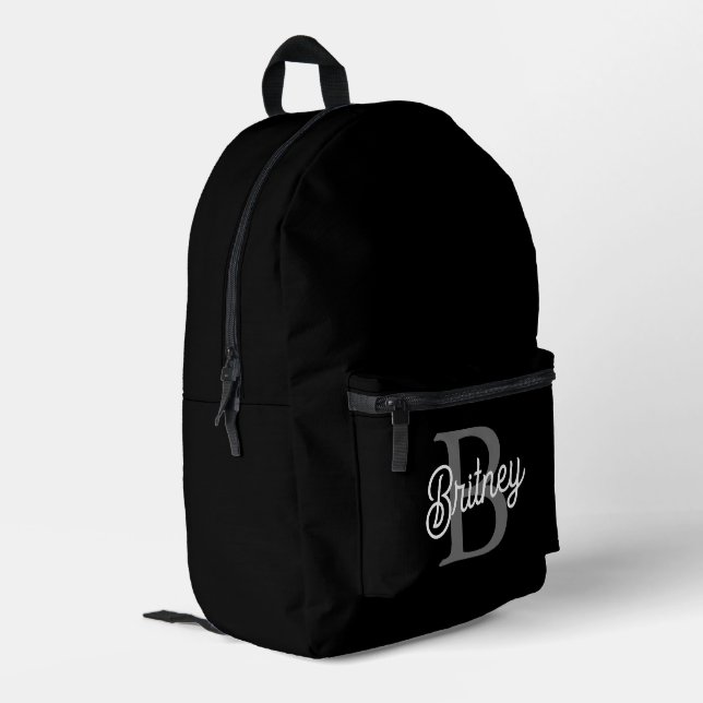 Modern Elegant Monogram Name  Black Gray Script  Printed Backpack (Back Corner Left)