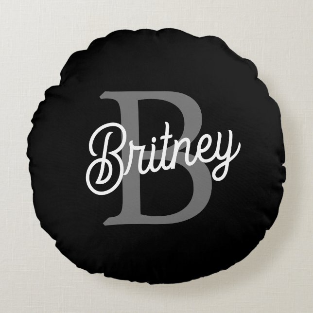Modern Elegant Monogram Name  Black Gray Script  Round Pillow (Front)