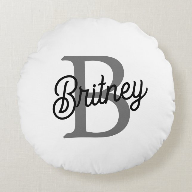 Modern Elegant Monogram Name  Black Gray Script  Round Pillow (Front)