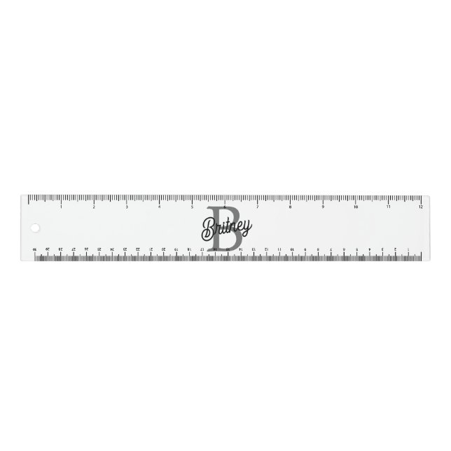 Modern Elegant Monogram Name  Black Gray Script  Ruler (Front)