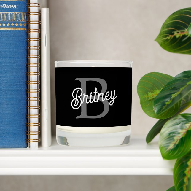 Modern Elegant Monogram Name  Black Gray Script  Scented Candle (Shelf)