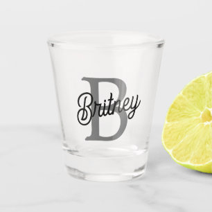 Modern Elegant Monogram Name  Black Gray Script  Shot Glass
