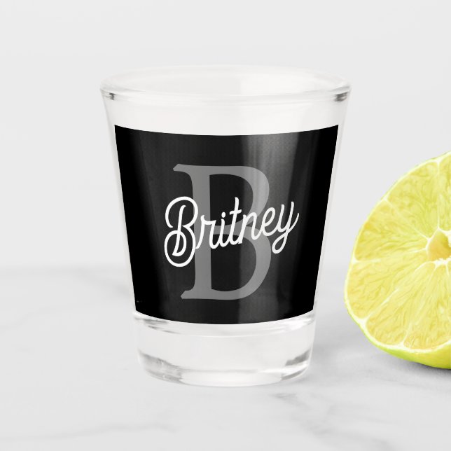 Modern Elegant Monogram Name  Black Gray Script  Shot Glass (Front)