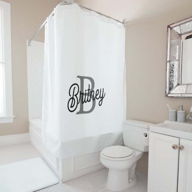 Modern Elegant Monogram Name  Black Gray Script  Shower Curtain (In Situ)