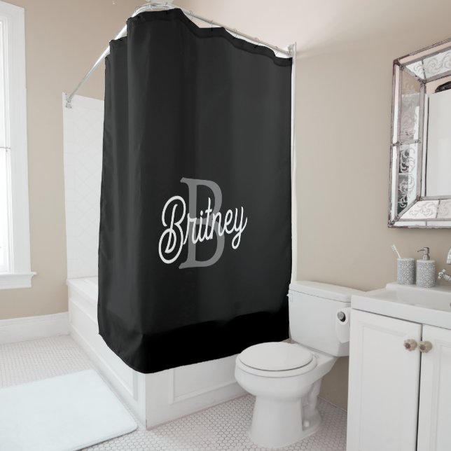 Modern Elegant Monogram Name  Black Gray Script  Shower Curtain (In Situ)