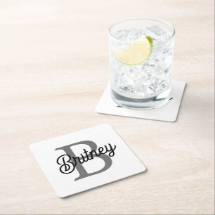 Modern Elegant Monogram Name  Black Gray Script  Square Paper Coaster