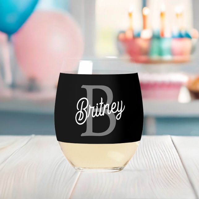 Modern Elegant Monogram Name  Black Gray Script  Stemless Wine Glass (Insitu (Baby Shower))