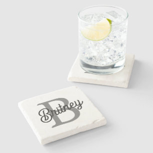 Modern Elegant Monogram Name Black Gray Script Stone Coaster