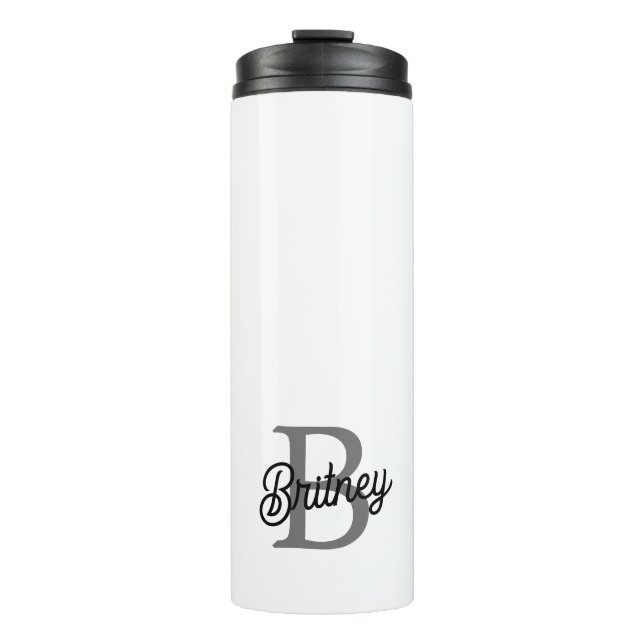 Modern Elegant Monogram Name  Black Gray Script  Thermal Tumbler (Front)