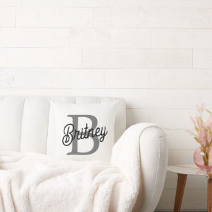 Modern Elegant Monogram Name  Black Gray Script  Throw Pillow