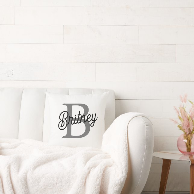 Modern Elegant Monogram Name  Black Gray Script  Throw Pillow (Couch)