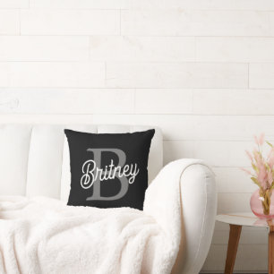 Modern Elegant Monogram Name  Black Gray Script  Throw Pillow