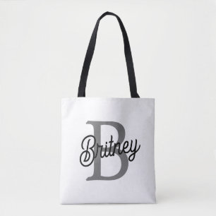 Modern Elegant Monogram Name  Black Gray Script  Tote Bag