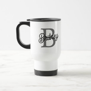 Modern Elegant Monogram Name  Black Gray Script  Travel Mug