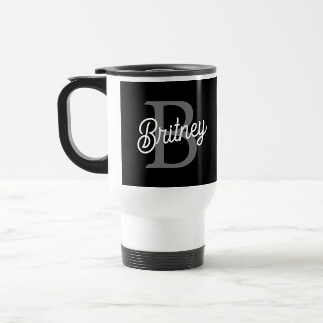 Modern Elegant Monogram Name  Black Gray Script  Travel Mug (Left)