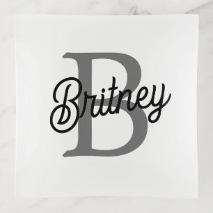 Modern Elegant Monogram Name  Black Gray Script  Trinket Tray