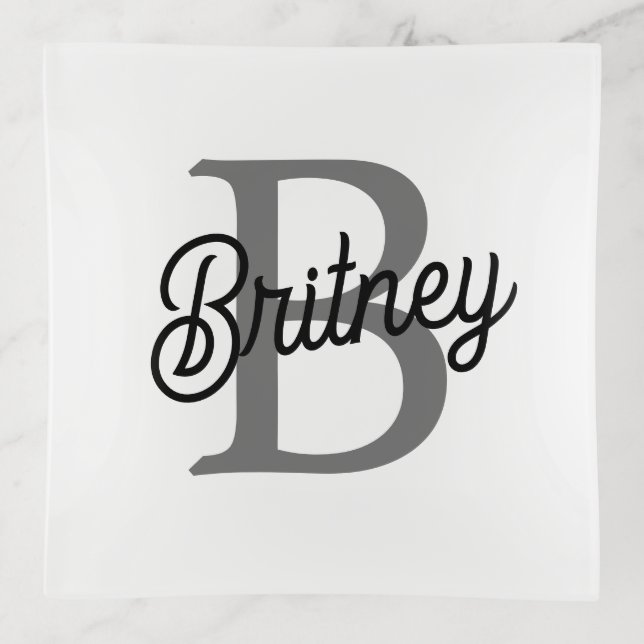 Modern Elegant Monogram Name  Black Gray Script  Trinket Tray (Front)