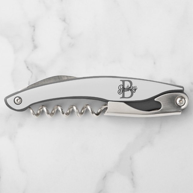 Modern Elegant Monogram Name  Black Gray Script  Waiter's Corkscrew (Back)