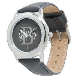 Modern Elegant Monogram Name Black Gray Script Watch