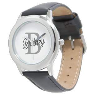 Modern Elegant Monogram Name Black Gray Script Watch