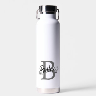 Modern Elegant Monogram Name Black Gray Script Water Bottle