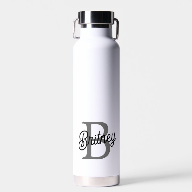 Modern Elegant Monogram Name  Black Gray Script  Water Bottle (Front)