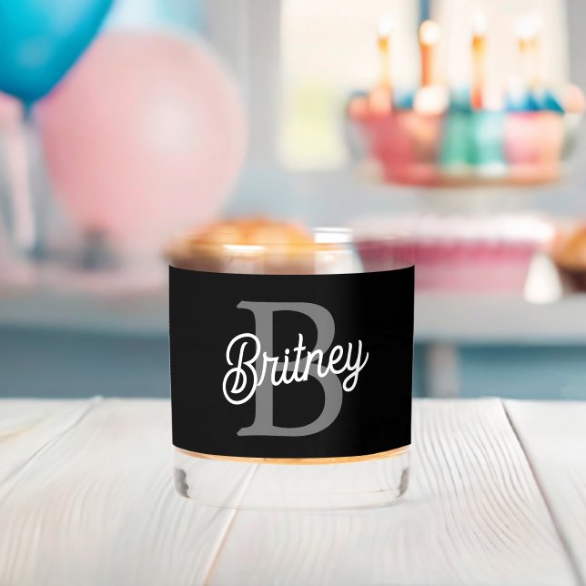 Modern Elegant Monogram Name  Black Gray Script  Whiskey Glass (Insitu (Baby Shower))