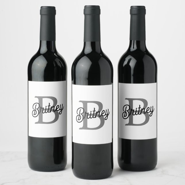 Modern Elegant Monogram Name  Black Gray Script  Wine Label (Bottles)