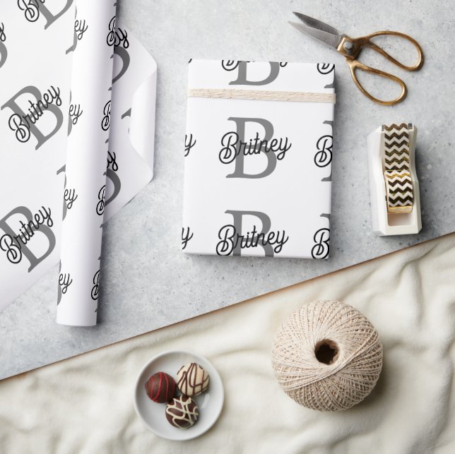 Modern Elegant Monogram Name  Black Gray Script  Wrapping Paper (Crafts)