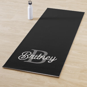 Modern Elegant Monogram Name Black Gray Script Yoga Mat