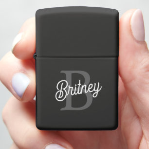 Modern Elegant Monogram Name Black Gray Script Zippo Lighter