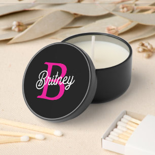 Modern Elegant Monogram Name Black Pink Script Mini Candle Favors