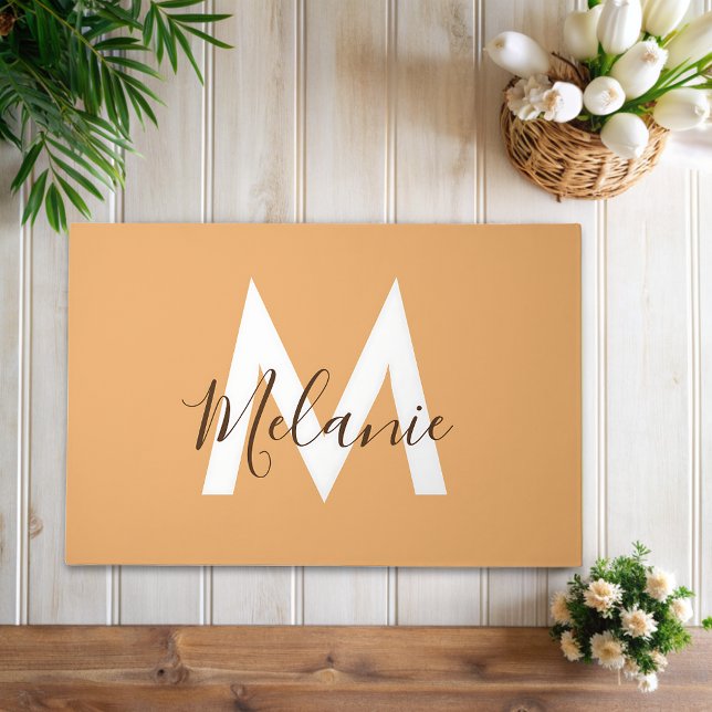 modern elegant monogram orange Doormat (Creator Uploaded)