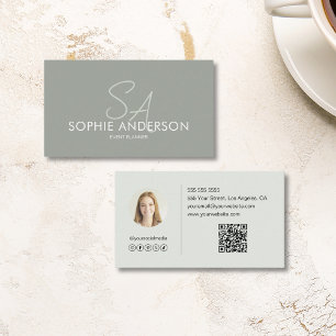 Modern Elegant Monogram Photo QR Sage Green Business Card