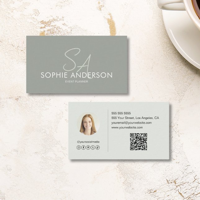 Modern Elegant Monogram Photo QR Sage Green Business Card (Modern Elegant Monogram Photo QR Sage Green Business Card)