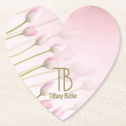 Modern Elegant Monogram Powder Pink Tulips Party Paper Coaster