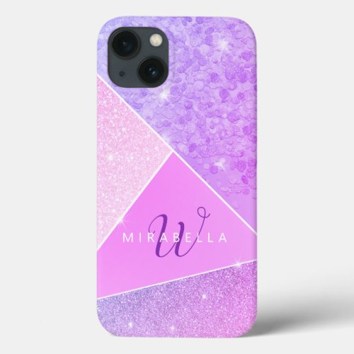 Modern Elegant Monogram Purple Pink Glitter Girly iPhone 13 Case